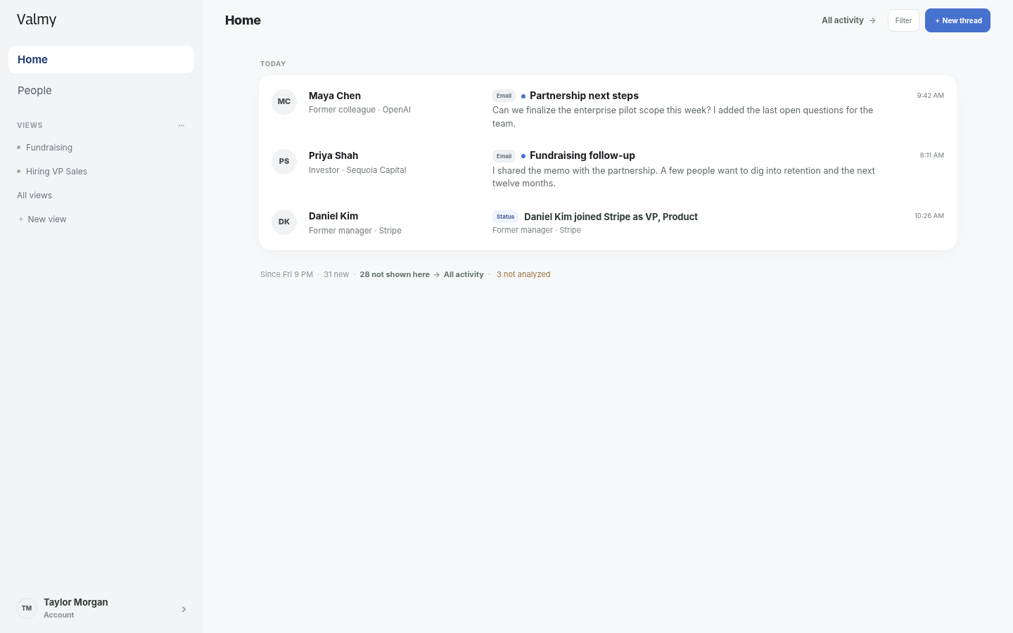 Valmy Home showing current conversations and account updates